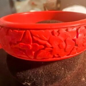 Antique Chinese red cinnabar floral solid wood hand carved bracelet